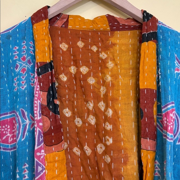 Handmade India Kantha Stitch Cotton Floral Contrast Tie Pockets Duster Cardigan - Picture 8 of 17